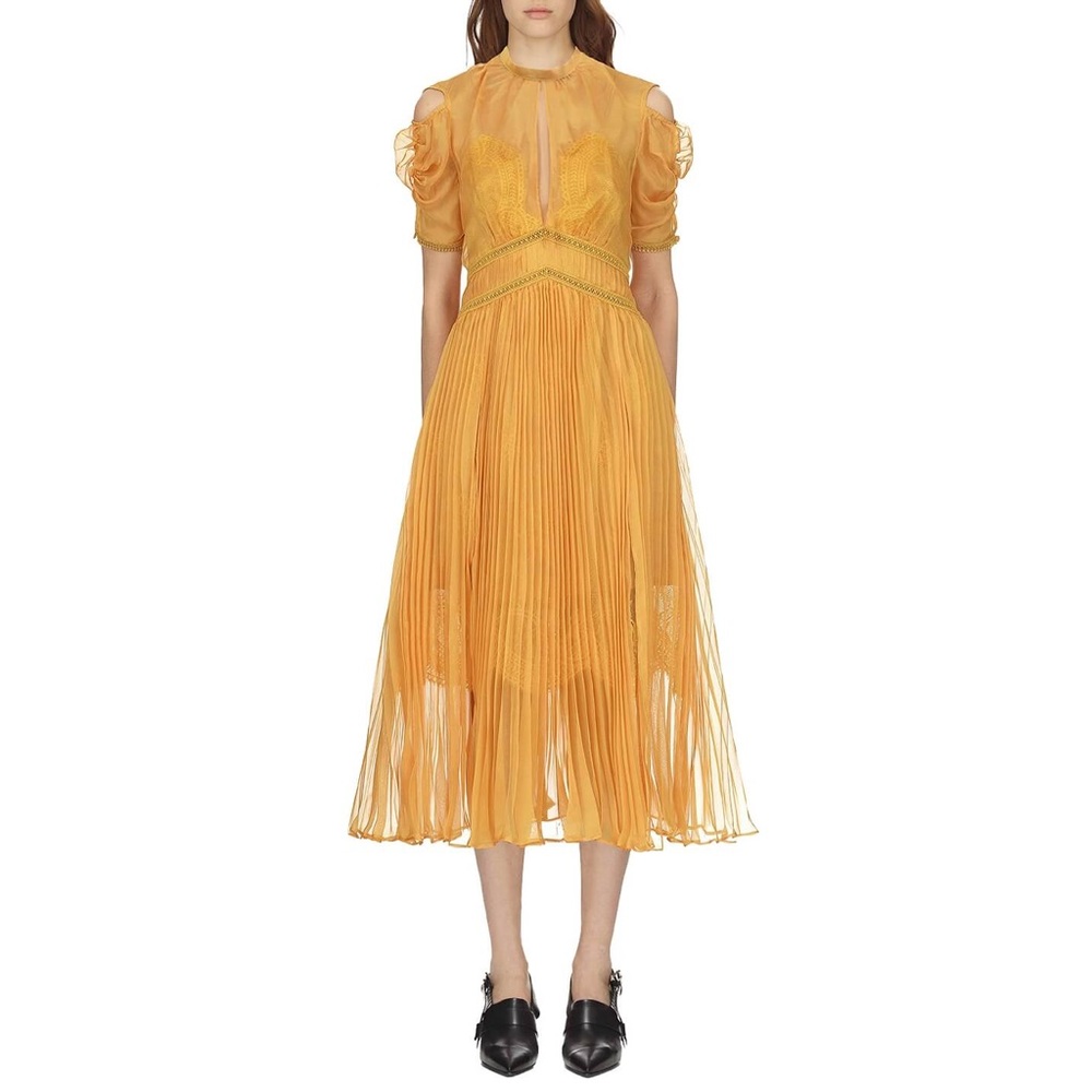 Self-Portrait Yellow Pleated Midi Dress with Cold-Shoulder Sleeves